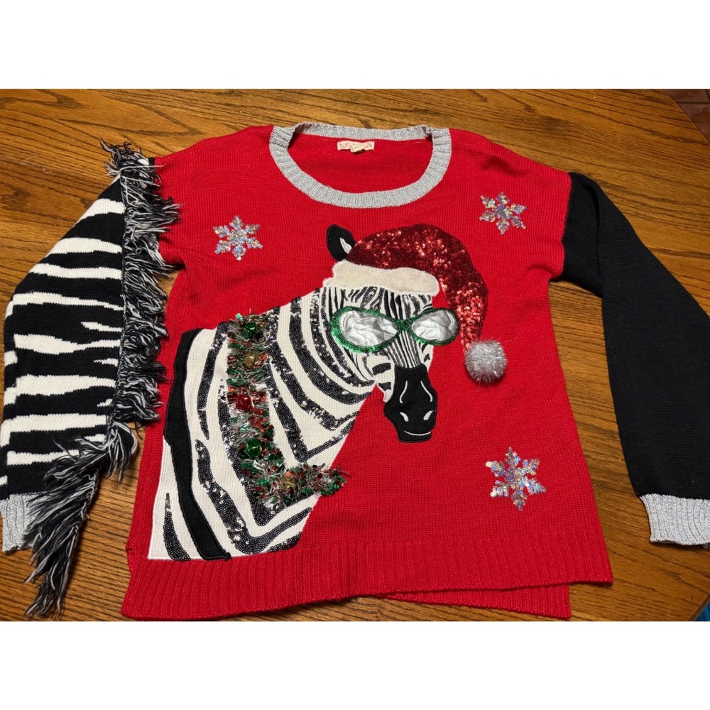Its Our Time Zebra Christmas Sweater Red Sequin Santa Hat Fringe Sleeve Large